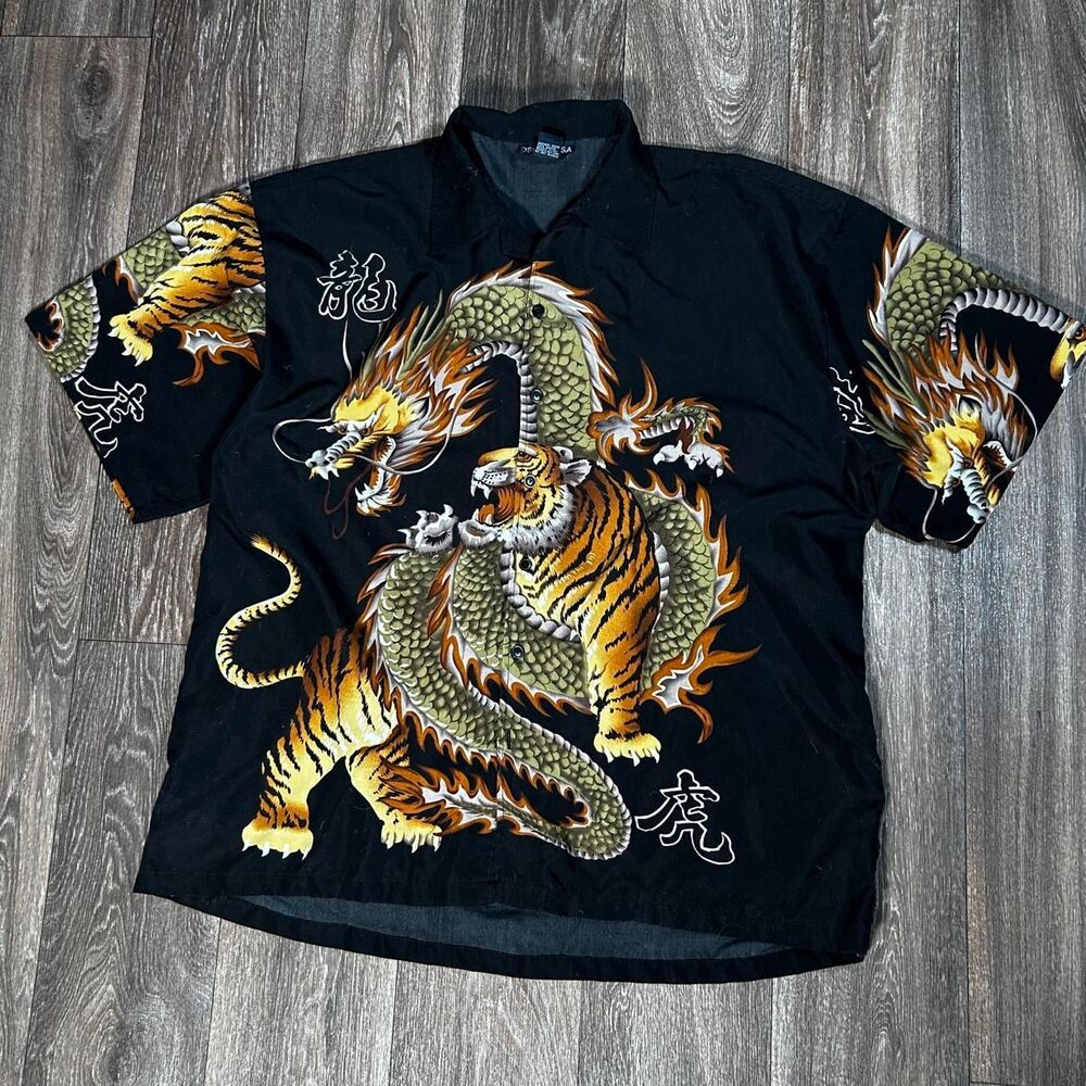 VTG Y2K Oscar Misa Dragon Tiger Graphic Button Up XL Flawed